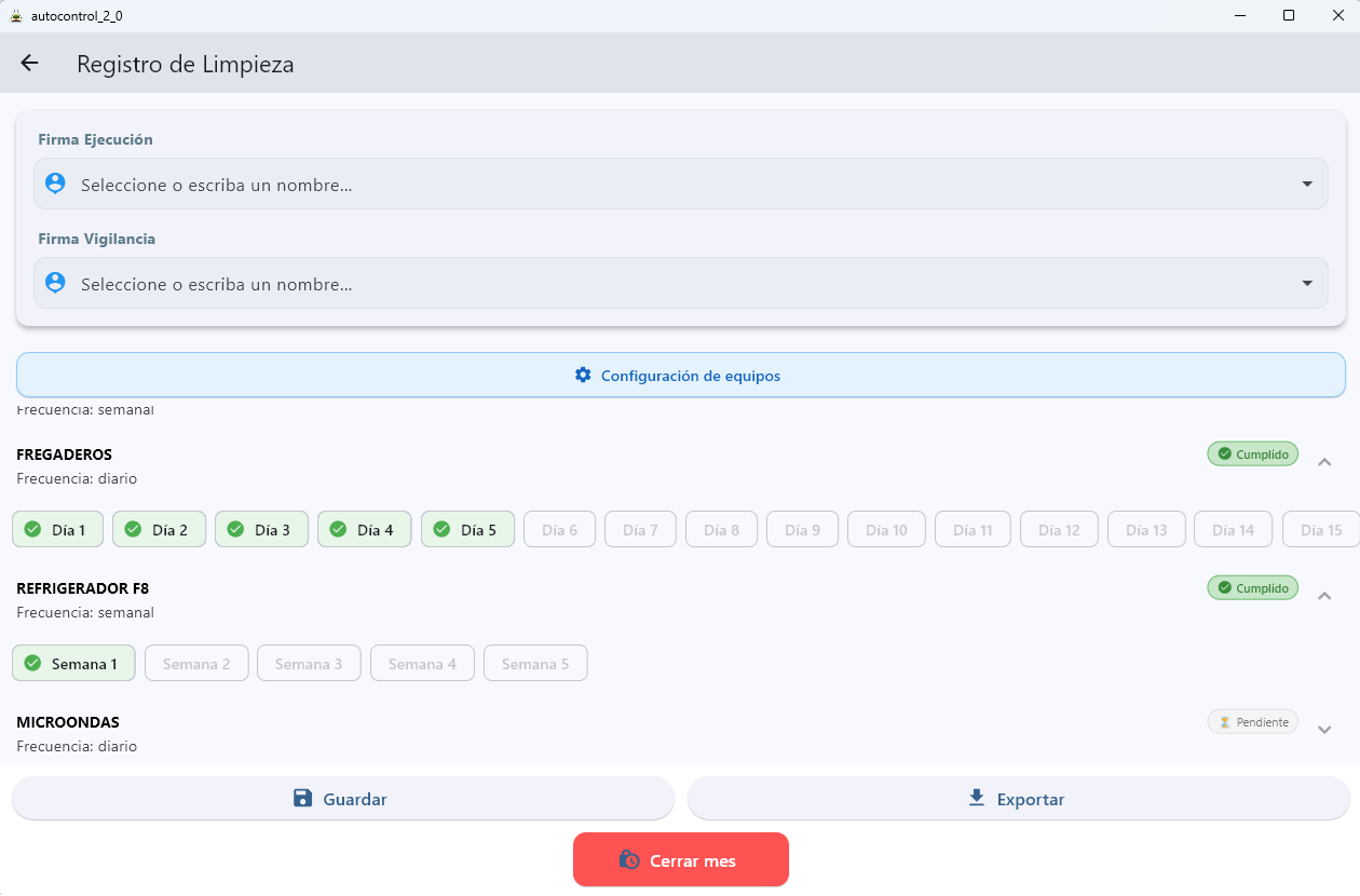 Registro de limpieza en AutoControl — firma digital de ejecución y vigilancia