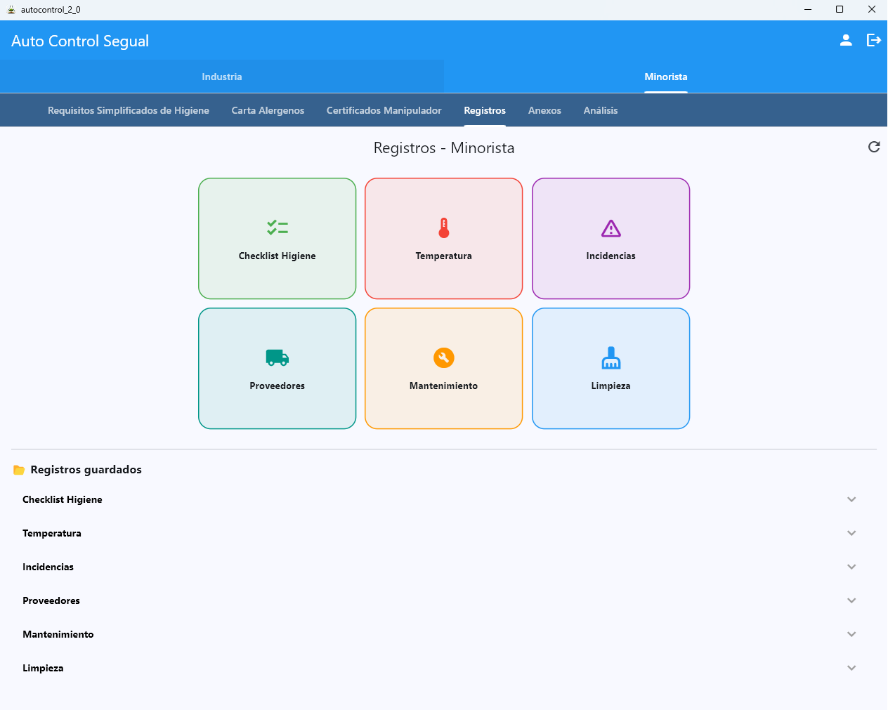 Panel de registros AutoControl para hostelería y minorista — módulos Checklist Higiene, Temperatura, Incidencias, Proveedores, Mantenimiento y Limpieza para restaurantes y bares